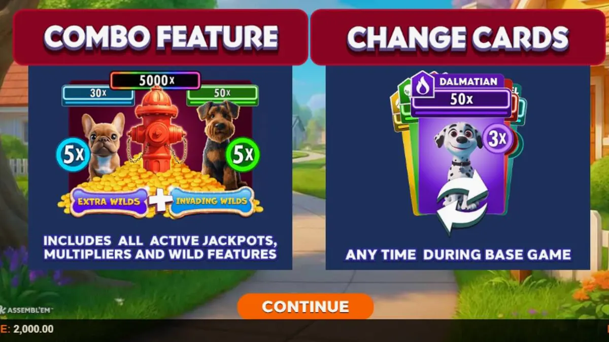 Tampilan visual slot Paw Pack Assembl’Em™ dengan karakter anjing yang ikonik