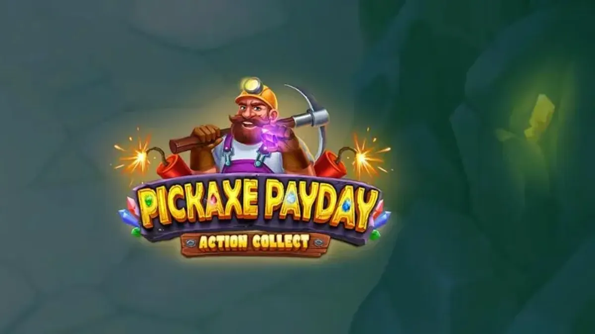 Tampilan visual slot Pickaxe Payday dengan karakter penambang kartun dan latar belakang tambang emas.