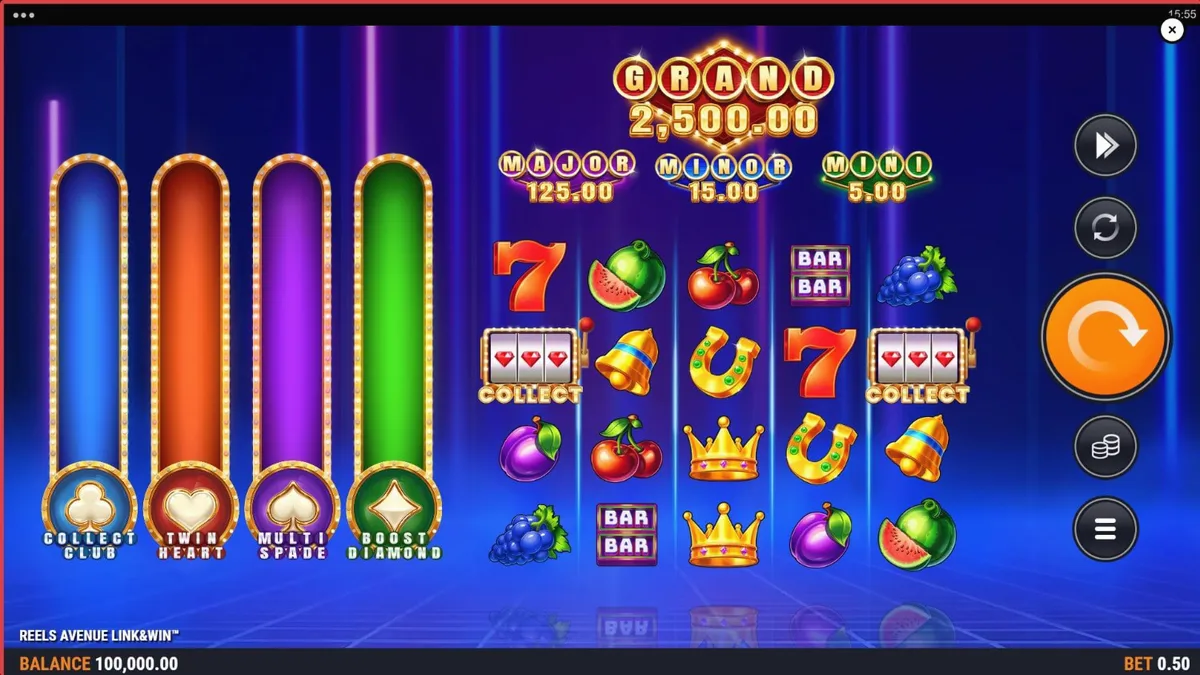 Tampilan visual futuristik dan neon dari slot Reels Avenue Link&Win